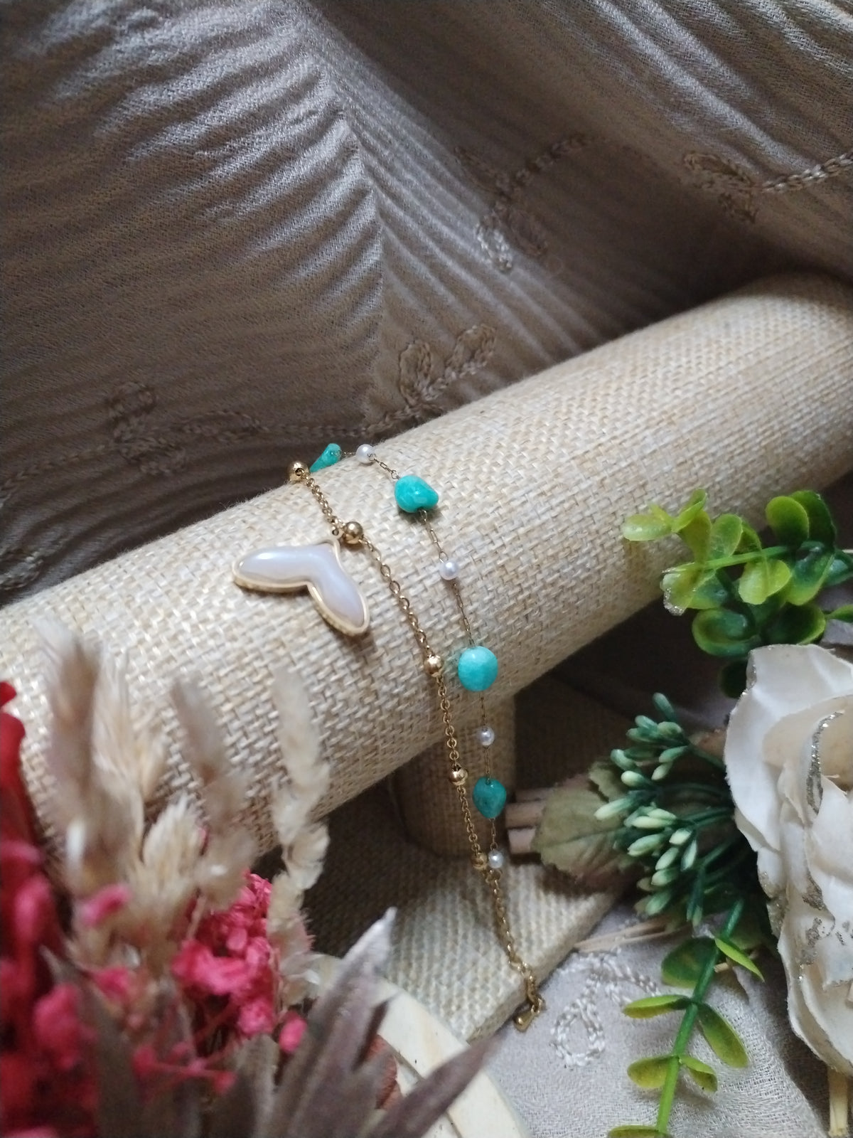 Bracelet Double Rang en Acier Inoxydable – Queue de Sirène & Pierres Vert d’Eau bleu