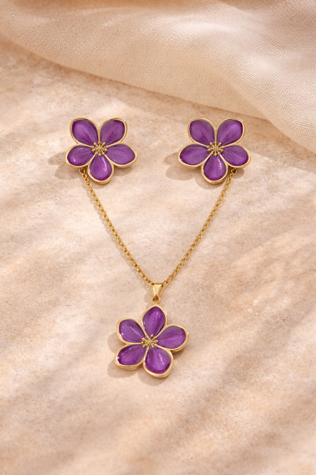 Parure Elisa - Fleur Dorée Bohème (Collier + Boucles) - Acier inoxydable