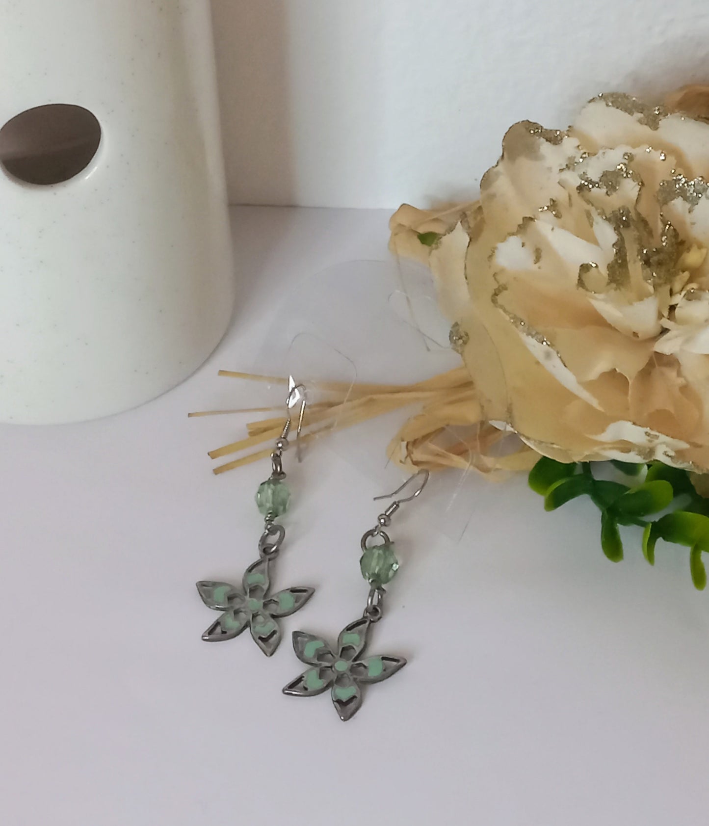 Boucle d'oreille fleur vert 5Fantaisie) BO19724