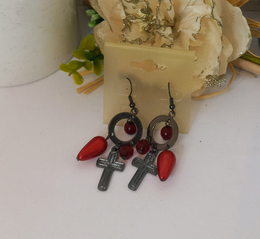 Boucle d'oreille croix rouge (Fantaisie) BO22024