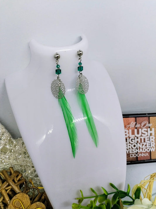 Boucle d'oreille plume vert (Fantaisie) BO1425