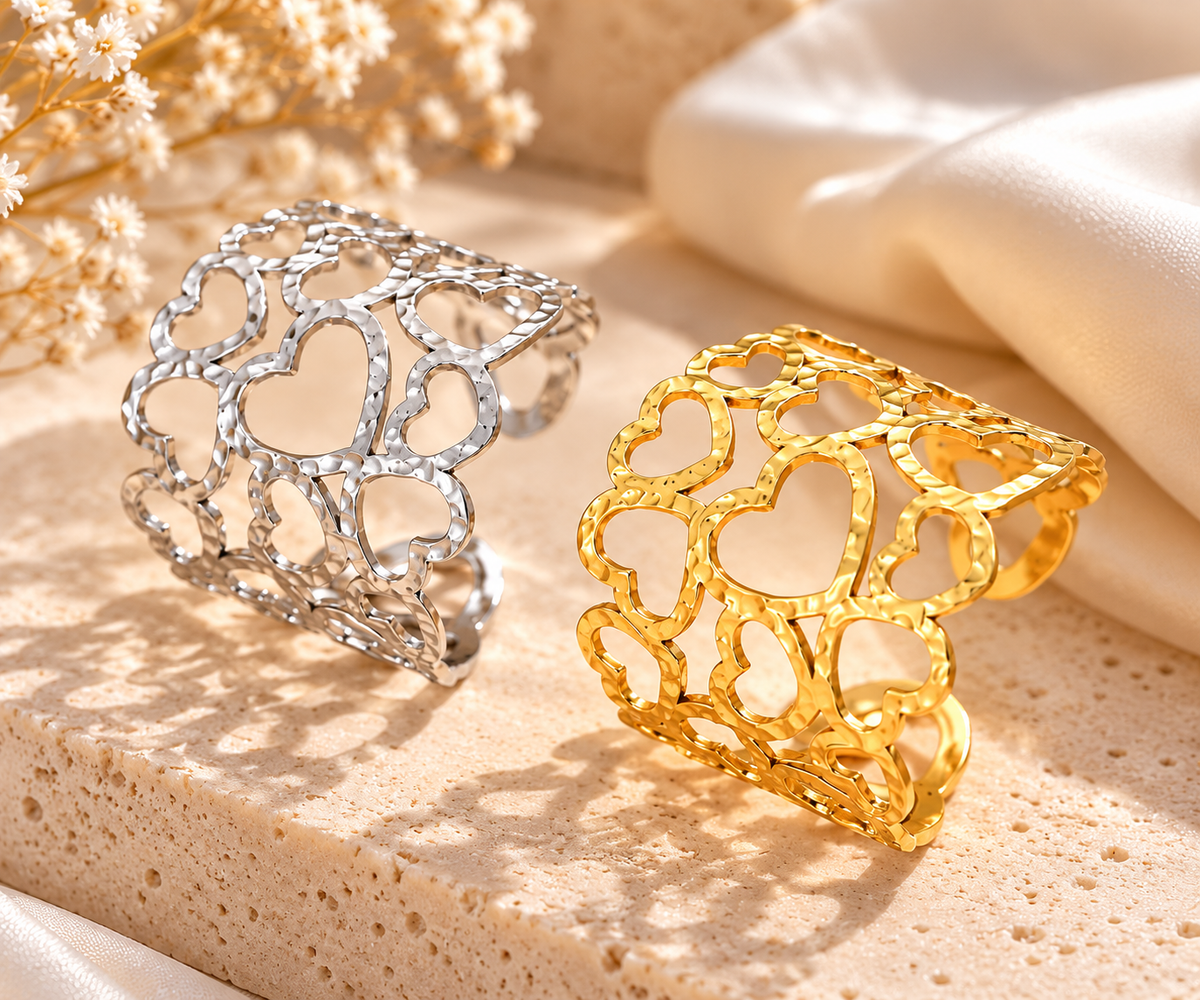 Bague Large Ajustable Multi-Cœurs en Acier Inoxydable – Doré & Argenté ❤️