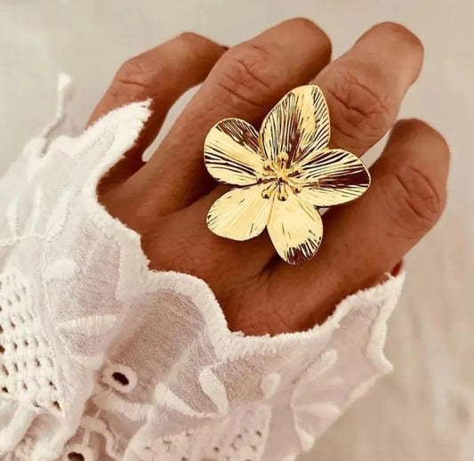 Bague réglable fleur or (Acier)
