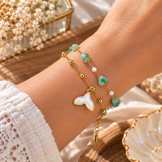 Bracelet Double Rang en Acier Inoxydable – Queue de Sirène & Pierres Vert d’Eau bleu