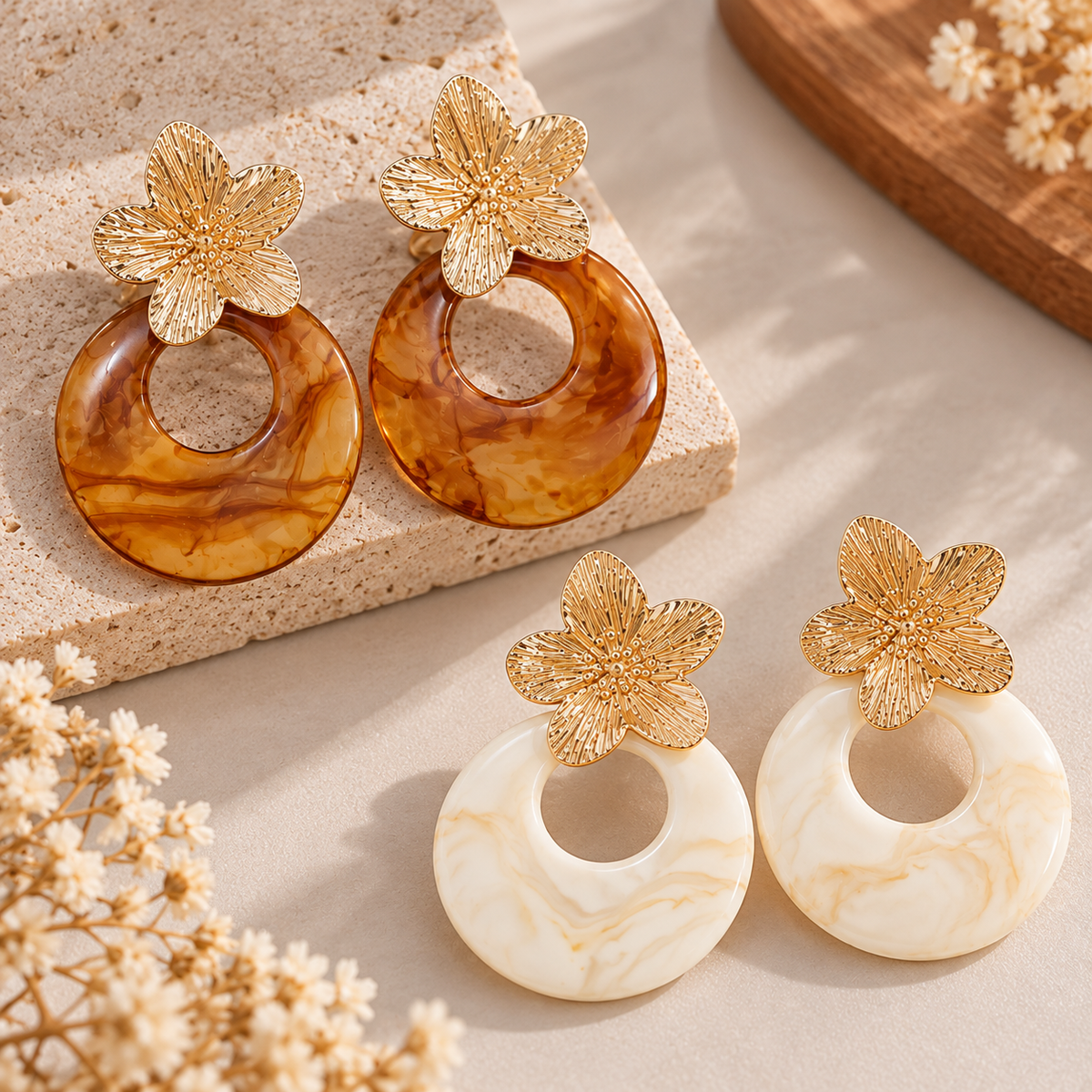 Boucles d'Oreilles Fleurs Dorées & Anneaux Marbrés – 2 Coloris 🌸 (Aiguille en Acier)