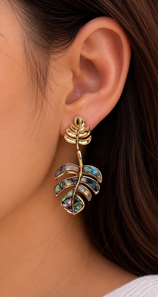 Boucles d’oreilles Feuilles Nacrées – Acier inoxydable doré